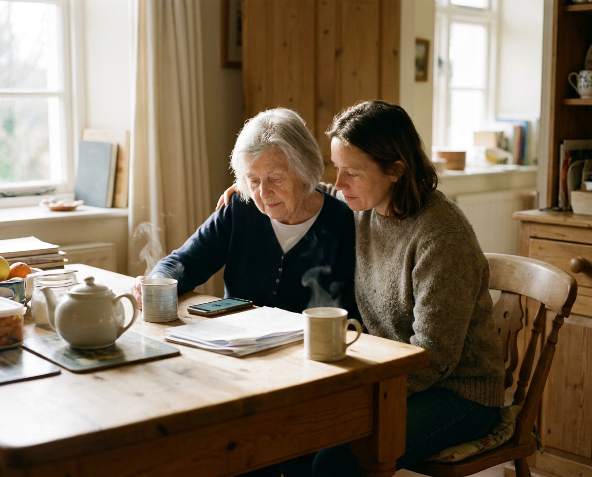 A family reviewing a service agreement together at a kitchen table