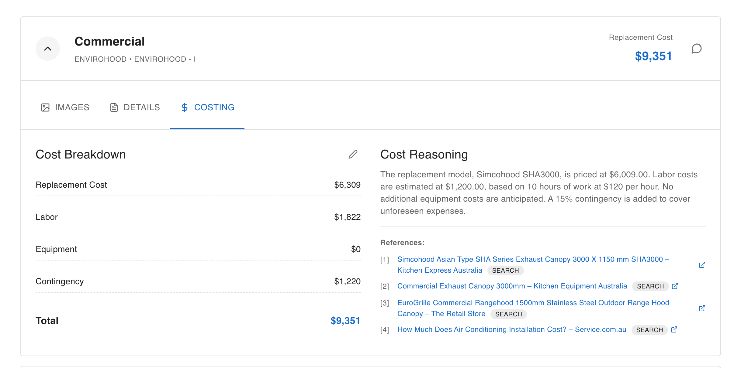 Cost breakdown panel with reasoning paragraph and four cited retail source links