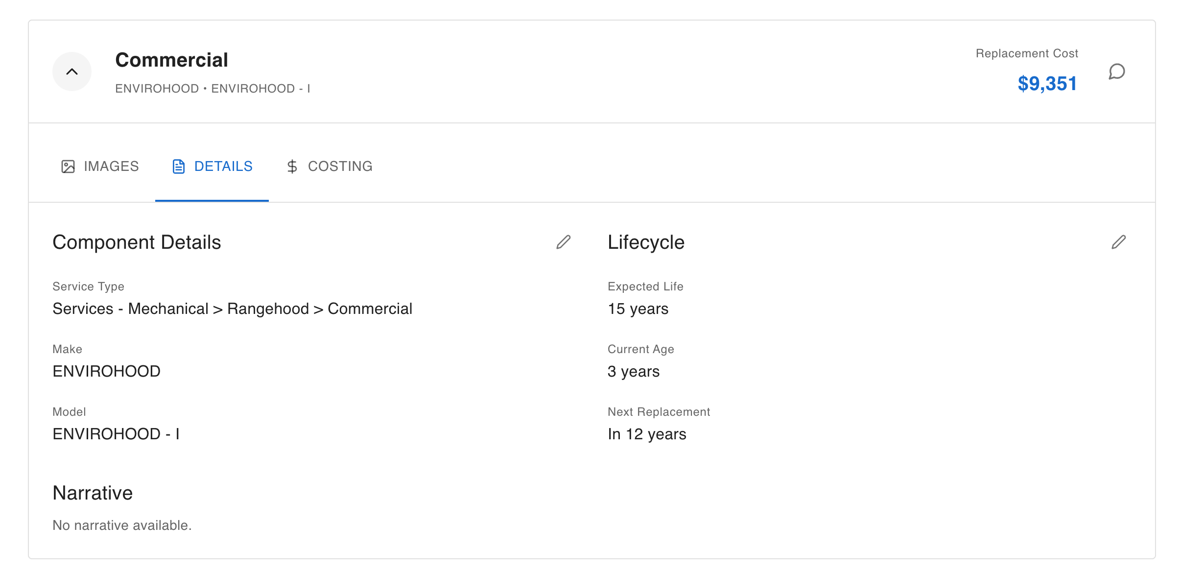 Structured asset record showing service classification, make, model, and lifecycle data