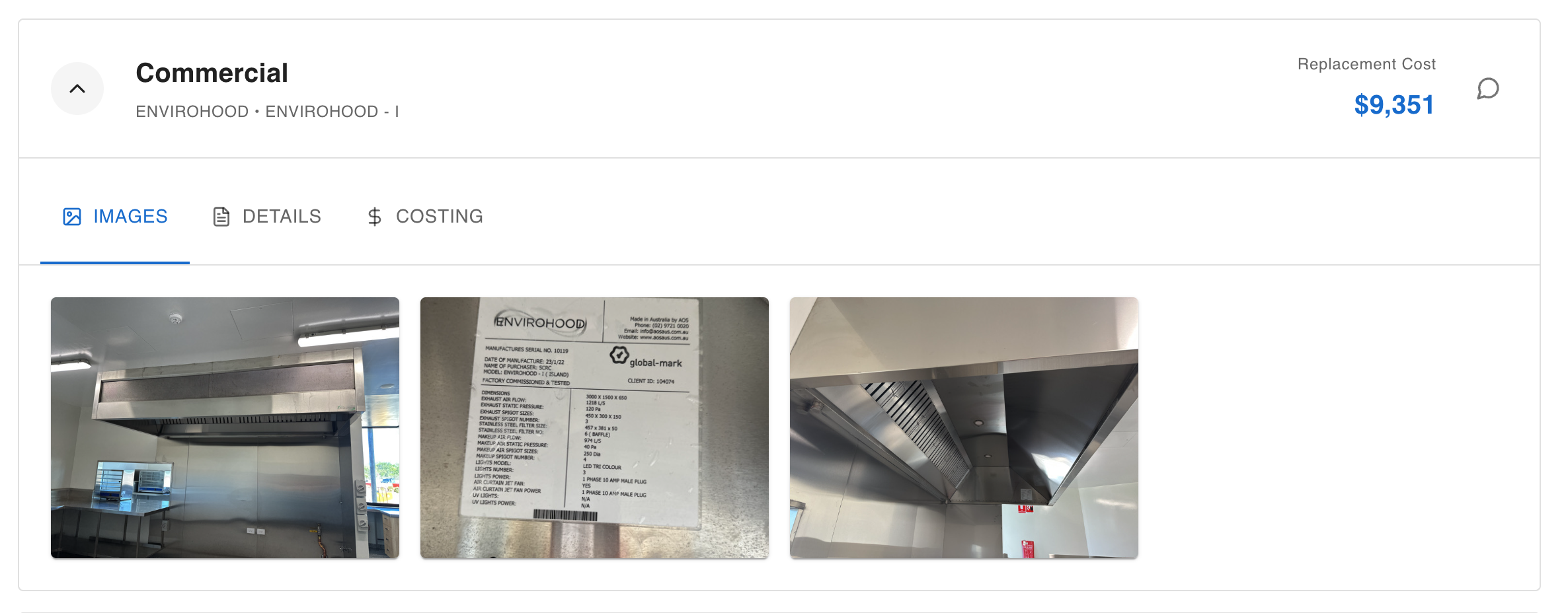 Inspector photos of a commercial kitchen exhaust hood, including a nameplate close-up